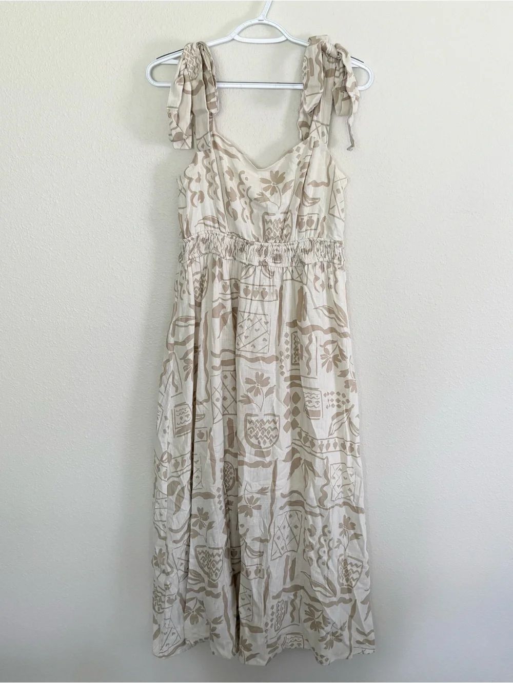 By the River Beige Print Tiered Midi Dress Prairie Cottagecore Simple Size S